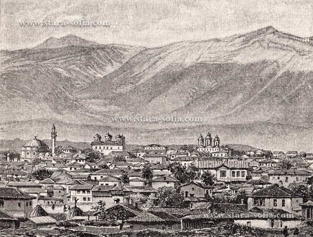 Стара София в снимки и пощенски картички - Общи изгледи. София ок. 1890 г. На заден план - църквите Св. Неделя и Св. Спас и джамията Баня Баши.